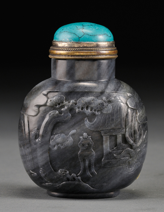 Jade snuff bottle, China, carved in relief with a scene from ‘Romance of the West Chamber’ with the encounter of Cui Yingying and Zhang Sheng, 2 1/2 inches. Estimate: $2,000-3,000. Skinner Inc. image.
