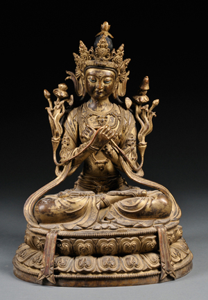 Gilt-bronze figure of Maitreya, Sino-Tibet, 18 3/4 inches high. Estimate: $700-900. Skinner Inc. image.