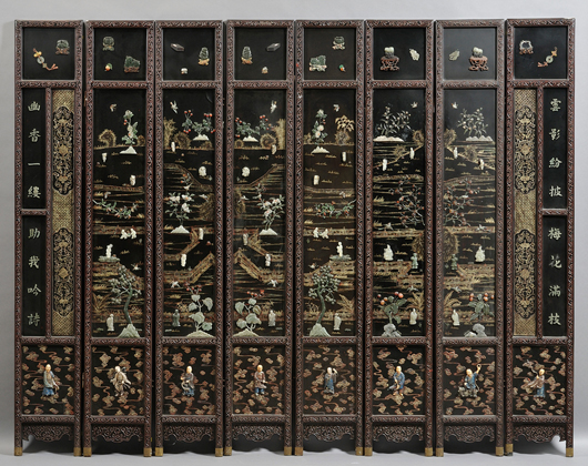 Eight-panel standing screen, China, black lacquer panels mounted with jade and hardstone carvings, 83 7/8 inches high by 104 inches wide. Estimate: $3,000-5,000. Skinner Inc. image.