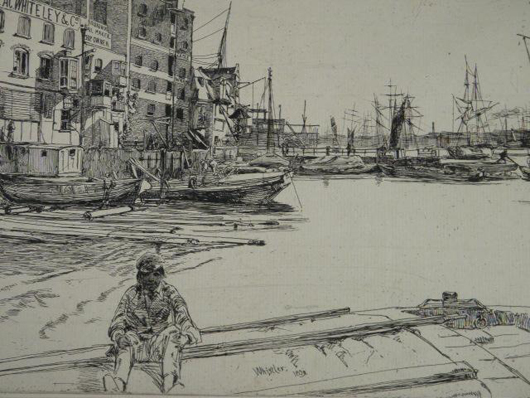 James A.M. Whistler (American, 1834-1903), ‘Eagle Wharf,’ etching, est. $1,400-$1,600. Auctions Neapolitan image.