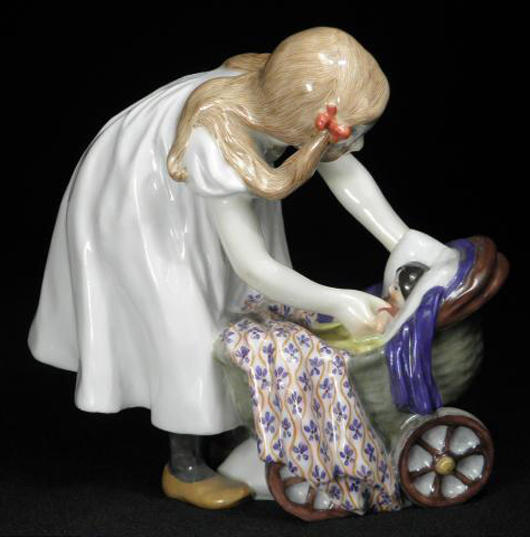 Konrad Hentschel for Meissen porcelain figurine, ‘Girl with Doll Stroller,’ est. $800-$1,200. Auctions Neapolitan image.