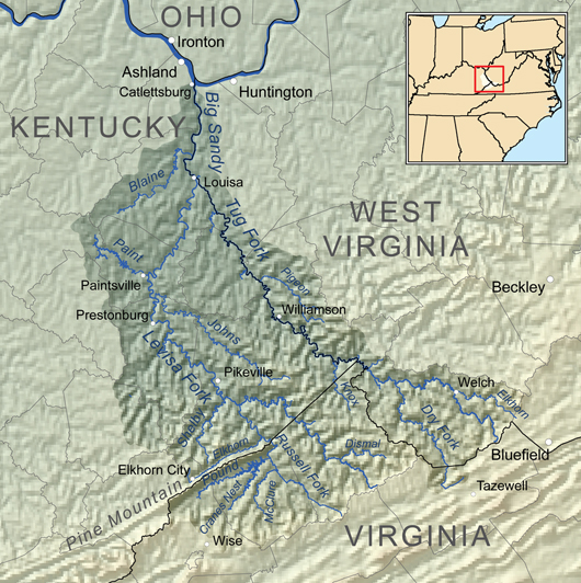 Map showing Hatfield-McCoy feud site along the Tug Fork tributary (right) in the Big Sandy River watershed. Art created by Kmusser, licensed under the Creative Commons Attribution-Share Alike 3.0 Unported license.