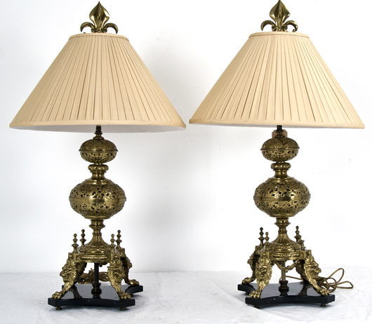 Pair of French Renaissance-style gilt brass table lamps, 36 1/2 inches high. Estimate: $1,800-$2,500. Abell Auction Co. image.
