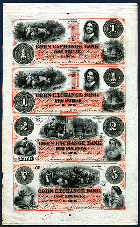 Corn Exchange Bank, 1860 uncut partially issued obsolete sheet. Archives International Auctions image.