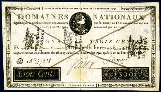 Domaine Nationaux - Assignats, 1791 Second issue. Archives International Auctions image.