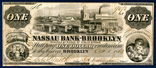Nassau Bank of Brooklyn, $1 Issued Obsolete Banknote. Archives International Auctions image.