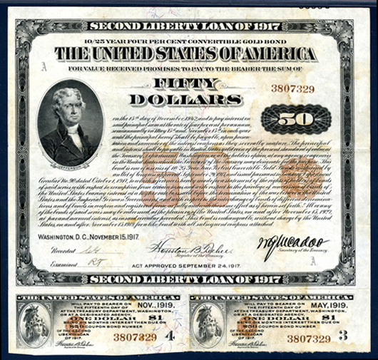 Second Liberty Loan of 1917, $50 Issued bond. Archives International Auctions image.