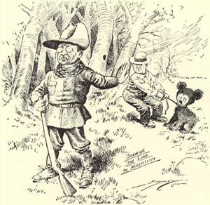 Clifford Berryman's cartoon depicts President Theodore Roosevelt's bear hunting trip to Mississippi in 1902. The cartoon gave the teddy bear its name. Image courtesy of Wikimedia Commons.