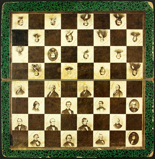 Important Civil War chessboard featuring identified portraits of Civil War personalities of generals, presidents, politicians and writers. Price realized: $1,400. Kaminski Auctions image. 