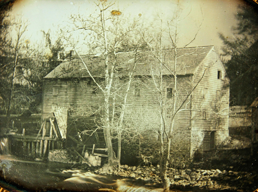 Daguerreotype, one-fourth plate, image of an outdoor scene, a mill possibly located in Herkimer, N.Y., contained in a fancy thermoplastic wall frame, 4 1/2 inches high by 3 1/4 inches wide (image). Price realized: $9,360. Kaminski Auctions image.  