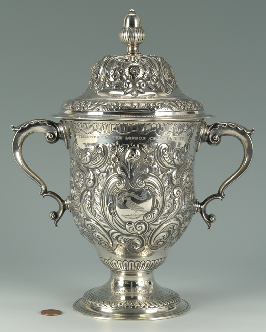 A 1765 George II silver cup and cover with later decoration and inscription ‘From the Jim Crow Club of London to T.D. Rice,’ sold for $3,000. Rice received the cup when he brought his ‘Jim Crow Minstrel Show’ to London in 1837. Case Antiques image.