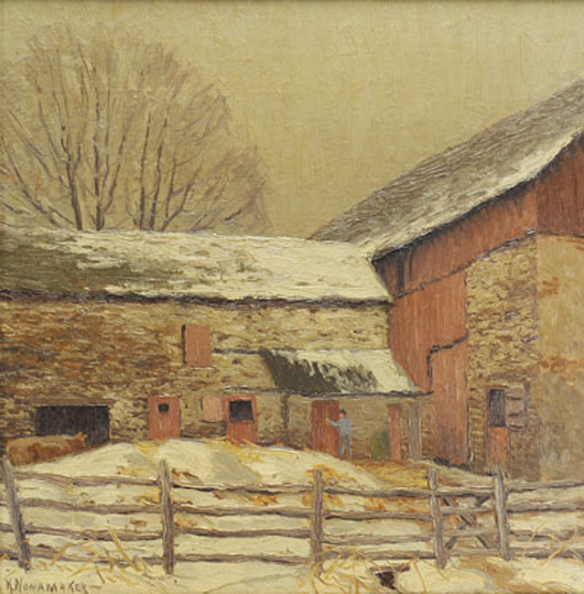 Seven phone bidders battled it out for this winter landscape by New Hope, Pa., painter Kenneth Nunamaker, titled ‘Choar Time.’ It worked its way to $18,720 (est. $5,000-$7,000). Case Antiques image.