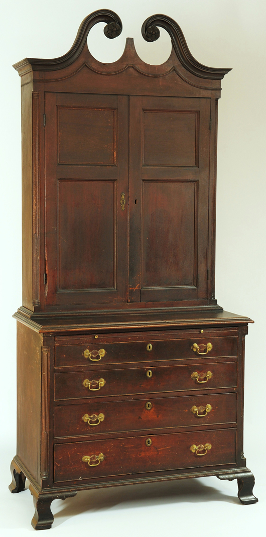A Shenandoah Valley, Va., bookcase-on-bureau in original surface was the sale’s top lot. It sold for $93,600 to a collector, underbid by a museum. Case Antiques image.