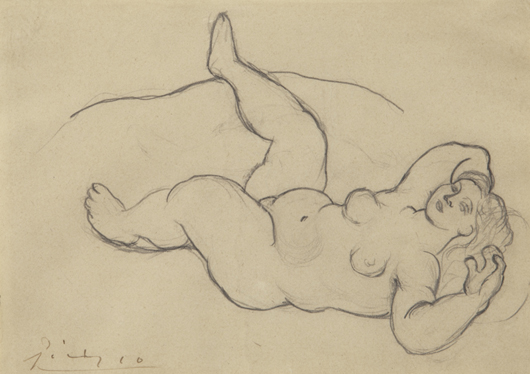 Pablo Picasso, 'Nu Couche' pencil on paper, executed in 1921, signed lower left 'Picasso.' Sheet: 7.37 inches high x 10.5 inches wide. Estimate: $40,000-$60,000. Dallas Auction Gallery image. 