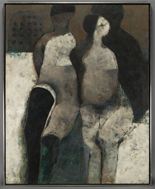 Armando Morales, ‘Figures,’ oil on canvas. Signed and dated lower right ‘Morales 68,’ titled and dated on stretcher verso, 64 inches high x 51 1/4 inches wide. Estimate: $120,000-$180,000. Dallas Auction Gallery image.