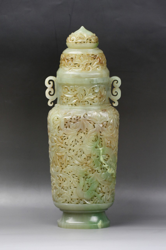Rare Chinese imperial jadeite vase and cover, early 19th century, 12 inches high. Estimate: $40,000-$80,000. Elegance Gallery / Auctioneers image.