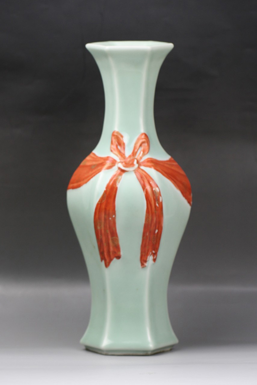 Qianlong imperial red-ribbon celadon glazed vase. Estimate: $20,000-$40,000. Elegance Gallery / Auctioneers image.  