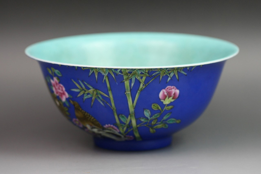 Imperial blue-ground Famille-Verte bowl with ‘Yongzheng’ mark and of the period, estimate. Estimate: $1,000-$2,000. Elegance Gallery / Auctioneers image.