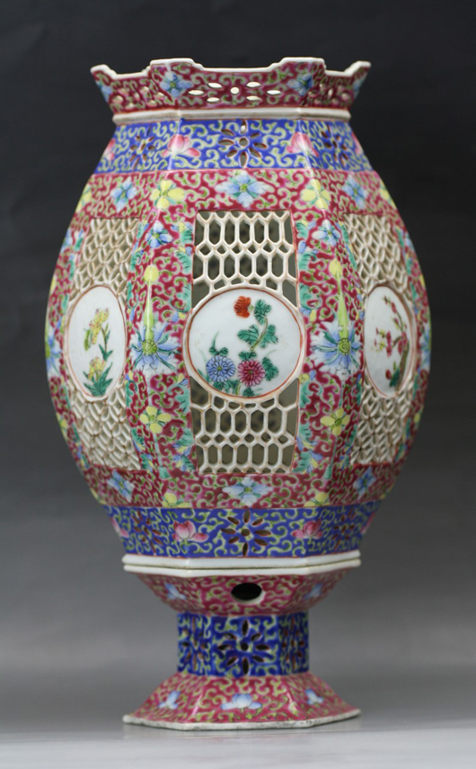 Chinese gilt Famille Rose hexagonal porcelain lamp shade, late Qing or Minguo Period. Estimate: $600-$1,200. Elegance Gallery / Auctioneers image.