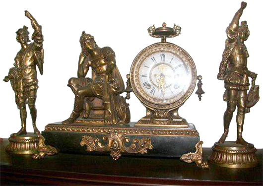 Antique Ansonia 3-piece clock set, American, est. $2,250-$4,500. Government Auction image.