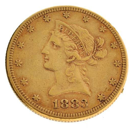 1883 $10 Liberty Head gold coin, est. $2,655-$5,310. Government Auction image.