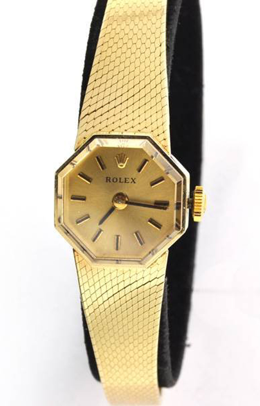 14K gold Rolex women's watch, est. $2,400-$4,800. Government Auction image.
