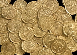 Examples from a hoard of 159 Late Roman gold coins discovered near St. Albans, England. Image courtesy of St. Albans City & District Council.