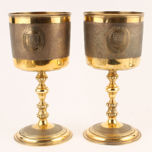 Pair of Victorian silver gilt large commemorative goblets by Robert Roskell, Alan Roskell and John Mortimer Hunt. Estimate: £2,000-3,000. Image courtesy Dreweatts.