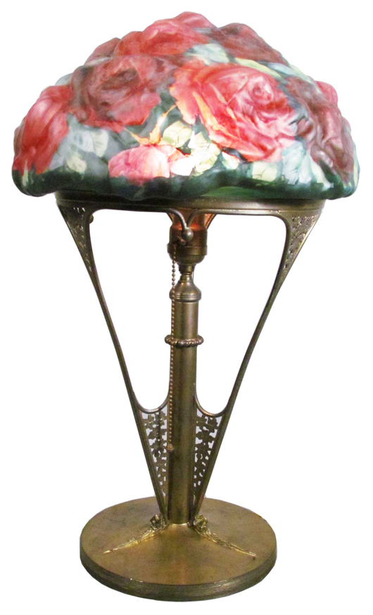 Pairpoint Rose Puffy boudoir lamp with 13 inch by 22 inch shade, in excellent condition. Price realized: $11,300. Showtime Auction Services image.