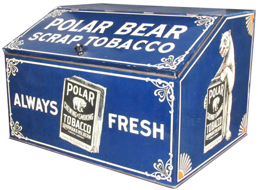 Polar Bear tobacco tin store bin in excellent condition, the rare version with the word ‘SCRAP.’ Price realized: $4,200. Showtime Auction Services image.