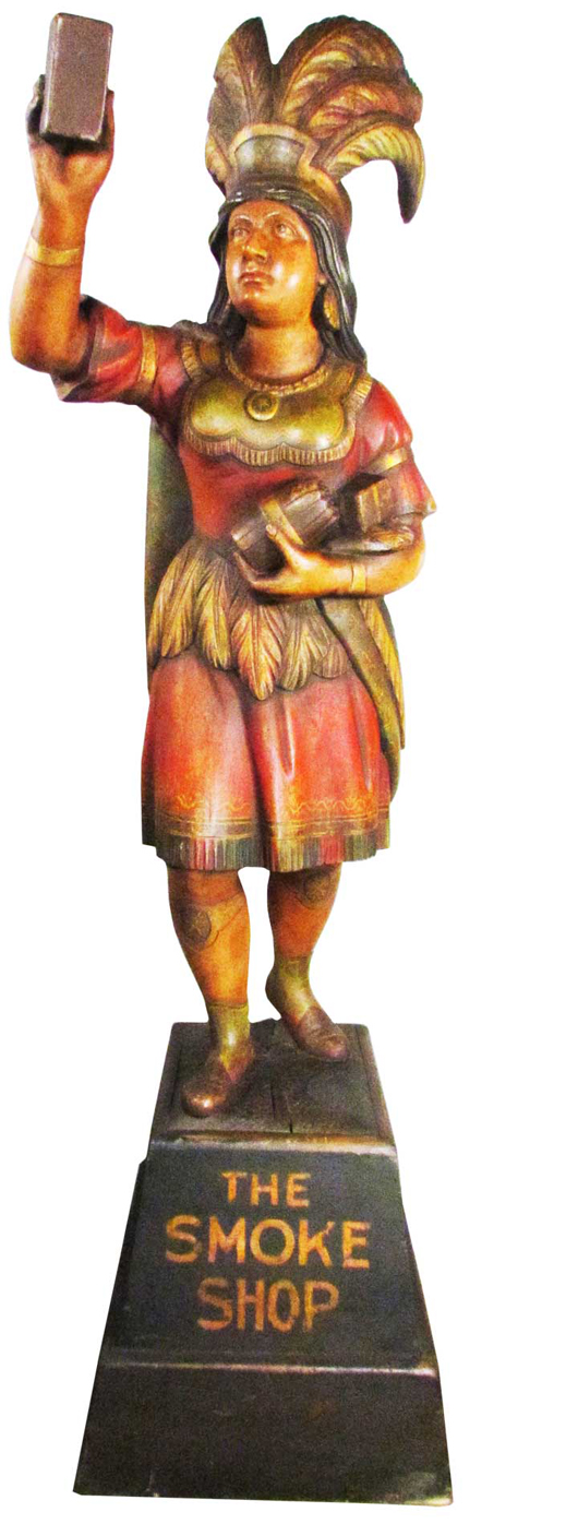 Circa-1880s Samuel Robb wooden cigar store Indian figure with early professional repaint. Price realized: $77,000. Showtime Auction Services image.