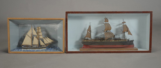 Two sailing ship models in shadowboxes. Est. $300-$400. Michaan's image.