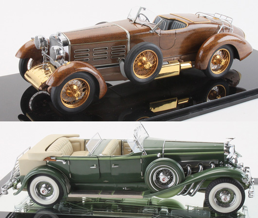 Model automobiles crafted by Gerald Wingrove in extremely limited numbers in the late 1970s: tulipwood 1924 Hispano Suiza (top), and 1933 Duesenberg, est. $7,000-$9,000 each. Noel Barrett Auctions image.