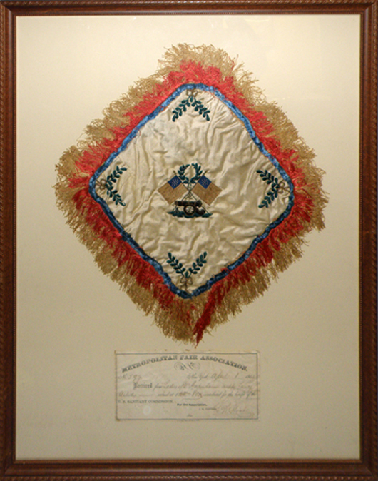 1864 patriotic needlework on silk created to benefit Civil War charity. Mosby & Co. image.