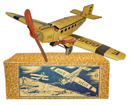 Boxed Gunthermann Fokker tri-motor toy airplane. Mosby & Co. image.