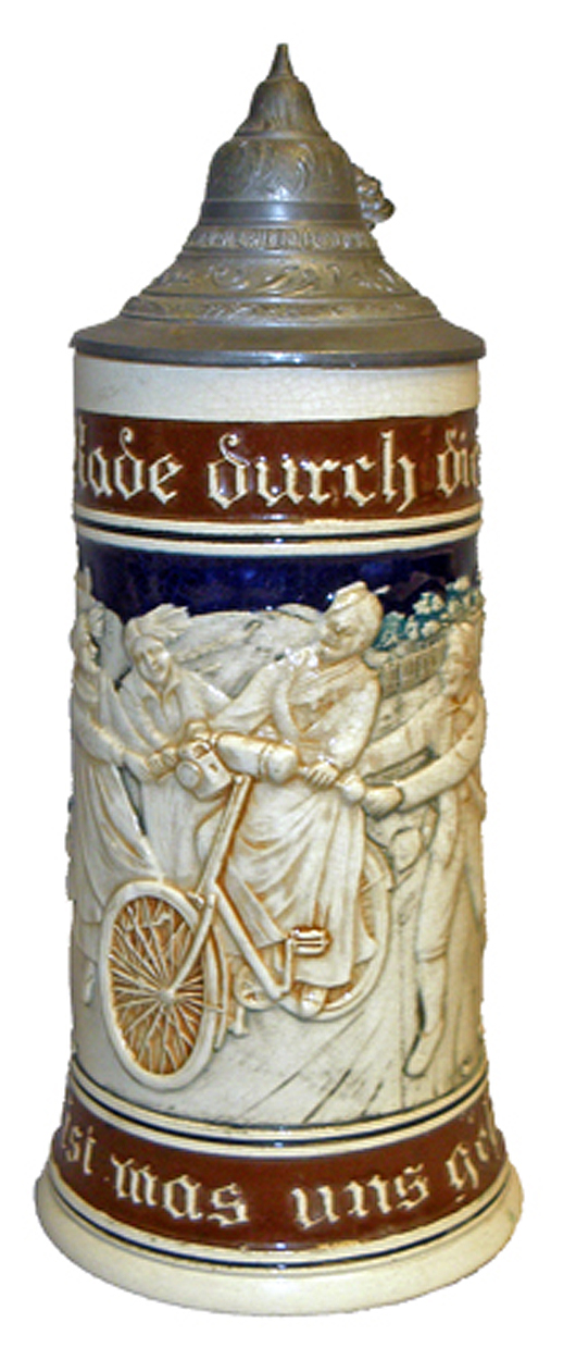 Early German stein with heavy relief images of bicyclist and friends. Mosby & Co. image.