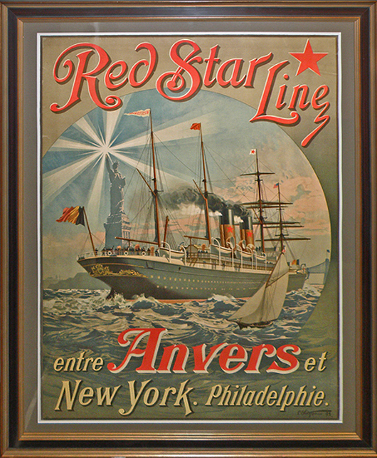 Original 1893 Red Star Lines poster featuring Statue of Liberty and the Brooklyn Bridge in background. Mosby & Co. image.