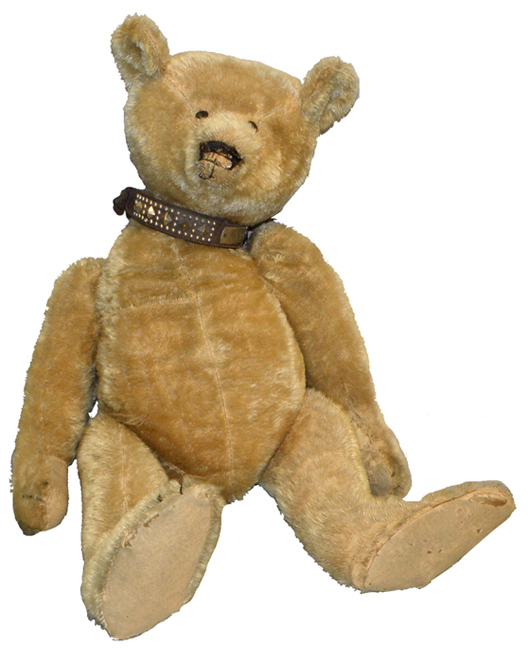 Circa-1908 Ideal long-limbed teddy bear, 28 inches, gold mohair, chunky body, est. $1,500-$2,000. Mosby & Co. image.