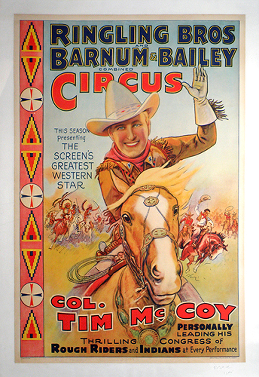 Scarce Ringling Bros. and Barnum & Bailey poster promoting appearance by Western star Col. Tim McCoy. Mosby & Co. image.