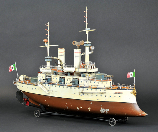 Marklin Battleship “Mexico” #5121, Series II, 30 inches long, est. $55,000-$60,000. Bertoia Auctions image.