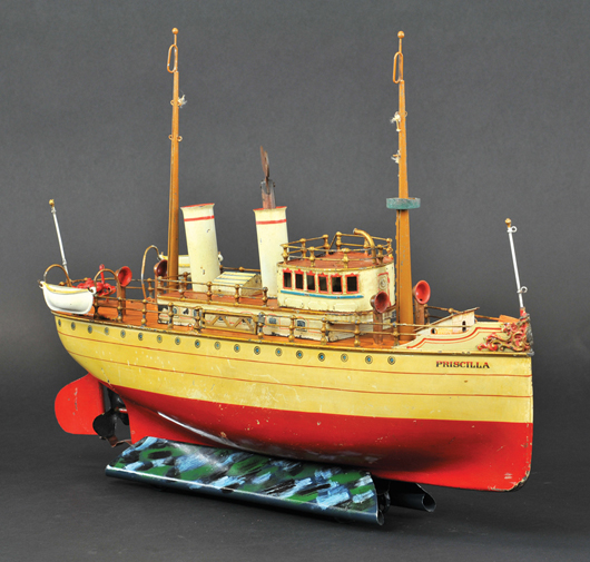 Marklin “Priscilla” riverboat #5044, circa 1909, 19 inches long, est. $20,000-$22,000. Bertoia Auctions image.