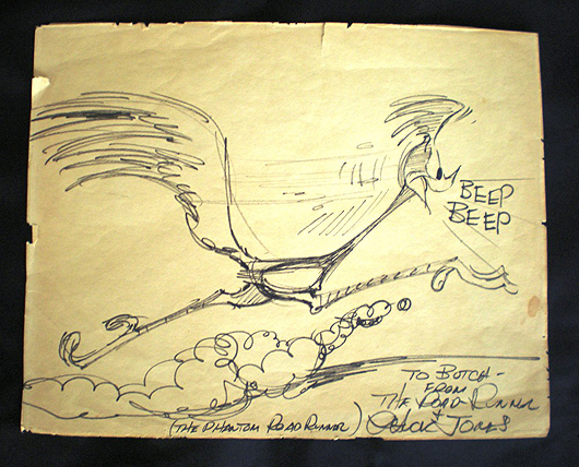 His most prized possession of all is this sketch of 'Road Runner,' drawn by Chuck Jones and inscribed to Butch.