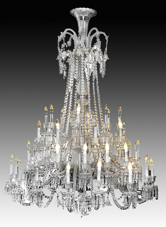 Large 48-light Baccarat chandelier. Estimate $25,000-$50,000. Cordier Auctions & Appraisals.