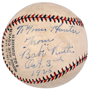 Example of a valuable autographed baseball, signed by the immortal Babe Ruth on Oct. 3, 1926, which was Day 2 of that year's World Series. This ball is shown for illustrative purposes only and has no connection to the court case mentioned in the article. Image courtesy of LiveAuctioneers.com and Robert Edward Auctions.
