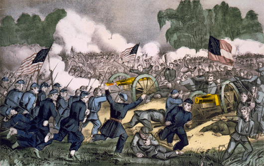 The Battle of Gettysburg, Pa., July 3, 1863, hand-colored lithograph by Currier and Ives. US Library of Congress image.