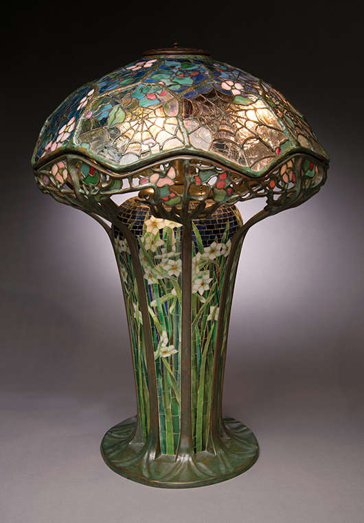 Tiffany Studios Cobweb Table Lamp Height:  30 1/3 inches.  Diameter of shade:  19 inches Shade:  unsigned.  Base:  impressed TIFFANY STUDIOS NEW YORK Estimate: Available upon request