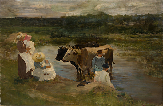 Louis Comfort Tiffany (American 1848-1933) Family Group with Oxen Oil on board 22 ¾ inches x 35 1/8 inches c. 1888 unsigned Provenance:  Artist's family, thence by descent; The Garden Museum Collection, Matsue, Japan