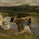 Louis Comfort Tiffany (American 1848-1933) Family Group with Oxen Oil on board 22 ¾ inches x 35 1/8 inches c. 1888 unsigned Provenance: Artist's family, thence by descent; The Garden Museum Collection, Matsue, Japan