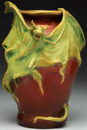 Very rare Amphora Bat vase, 10 in., raised Amphora circular mark with remnants of paper Amphora label present. Illustrated in 'Monsters and Maidens' Collector's Edition, Byron Vreeland, 2011, page 352. Mint condition. Est. $8,000-$14,000. Morphy Auctions image.