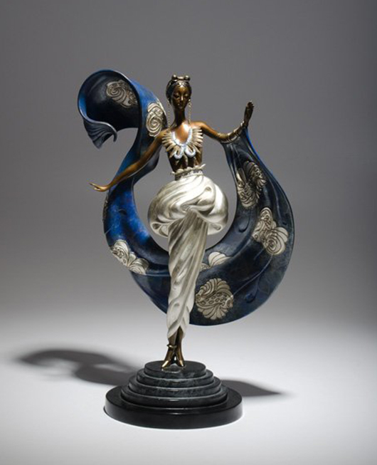 Lot 132 in Cowan's Oct. 31 auction is a female bronze by Erté (French, 1892-1990).  Hand patinated with chemicals and gold leaf, oval shaped granite base, stamped on the base © 1989 CHALK & VERMILION AND SEVENARTS / Erté's signature / 181/395; Ht. 21.5 in. Image courtesy of Cowan's.